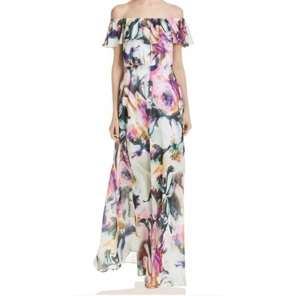 Betsey Johnson Floral Chiffon Ruffle Neckline Off Shoulder Maxi Dress Size 4